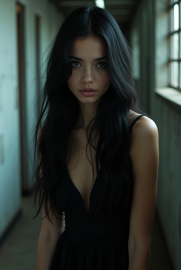 A beautiful Instagram model, (long black hair , at prison