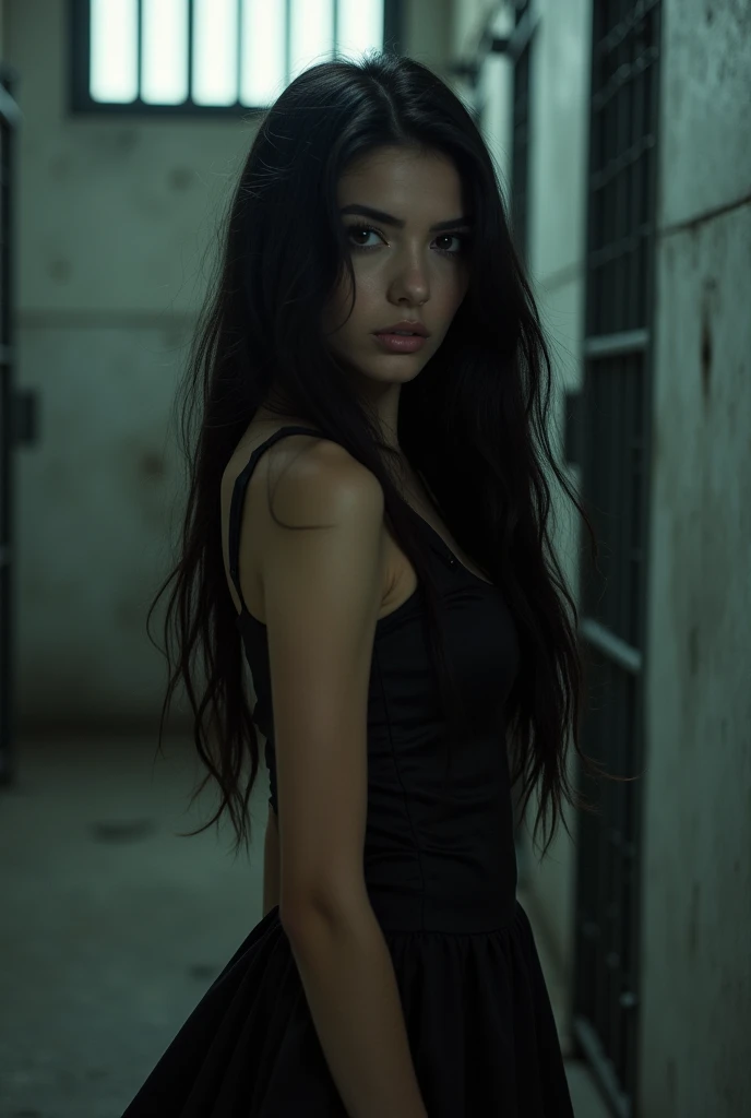 A beautiful Instagram model, (long black hair , at prison
