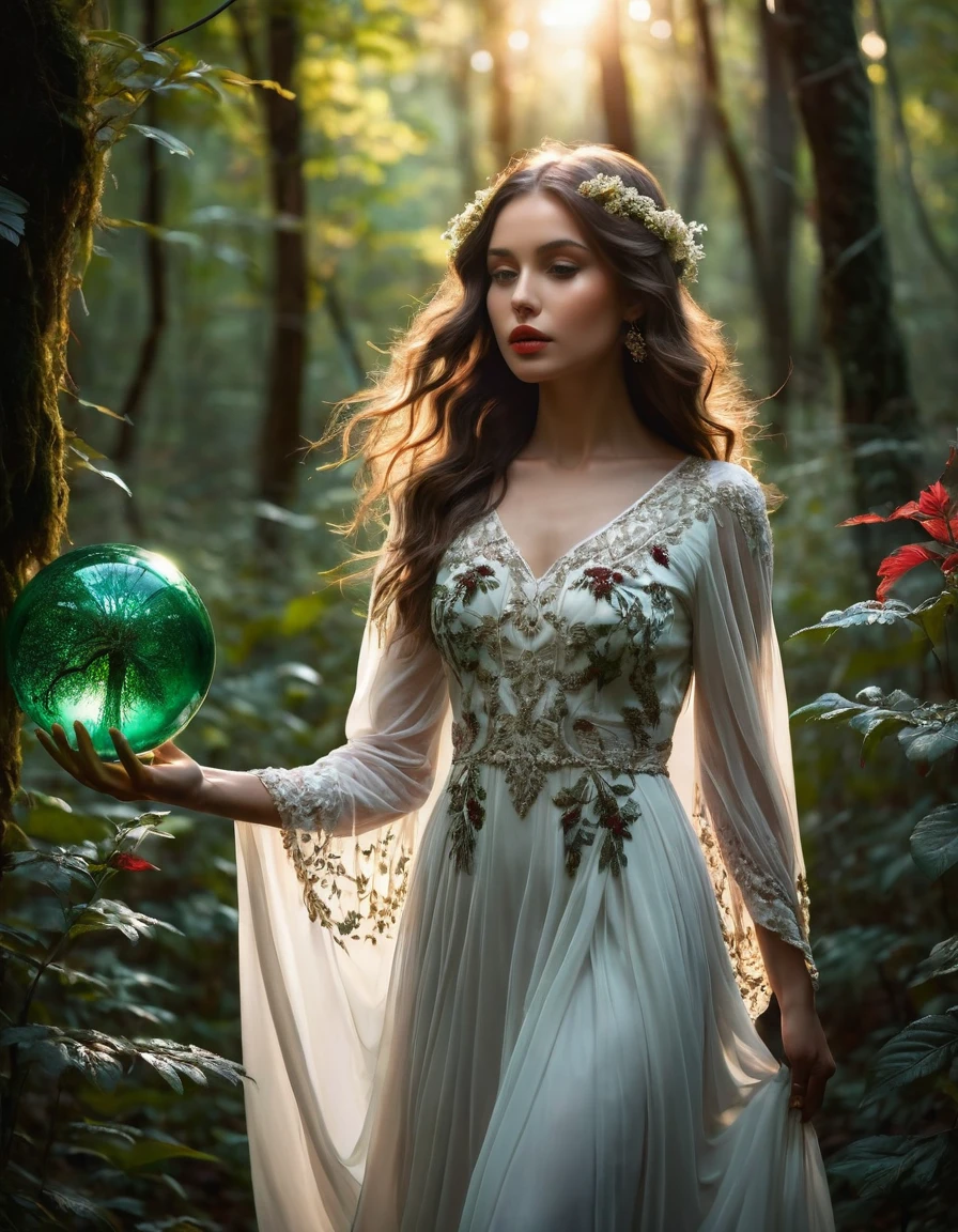"A stunning, highly detailed black and white image of a beautiful 2 girl walking through a dense, vibrant forest. Her pale, complex face with expressive eyes, detailed lips, and long eyelashes stands out. She is dressed in a long dress and flowing white voile, adorned with dried red flowers and leaves and intricate golden threads. Filtered sunlight creates a dramatic halo around her silhouette, highlighting her ethereal presence. In her hands, she holds a glowing green sphere of energy. , contrasting with the lush and colorful vegetation around it. The image is photorealistic, with 8k resolution, with cinematic lighting and dramatic shadows, capturing the essence of fantasy art."