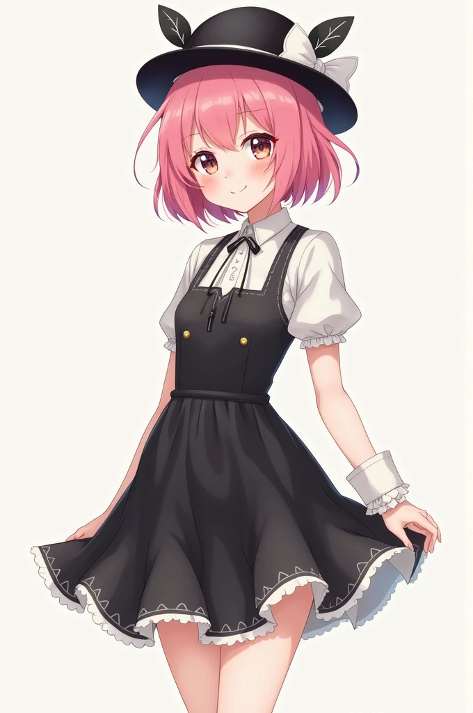 Anime girl with short pink hair, black and white dress and hat
