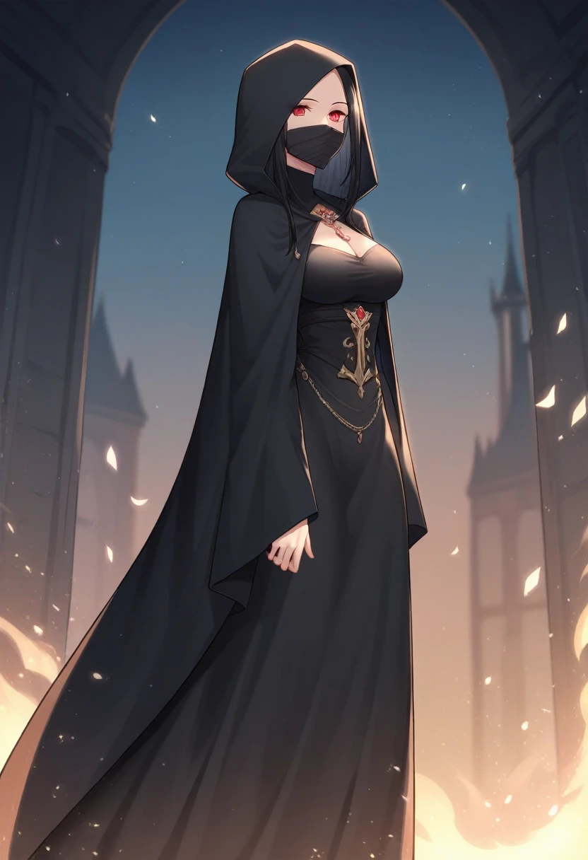 NNAssassinFSF, 1girl, solo, median breasts, black hair, red eyes, long sleeves, dress, hood, long skirt, black dress, cape, black cloak, hood up, black robe, covered mouth, hooded cloak, ((masterpiece,best quality)) city, night