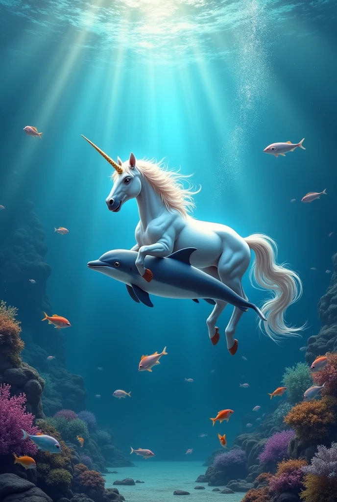 Image of an adult unicorn with a dolphin with fish in the sea