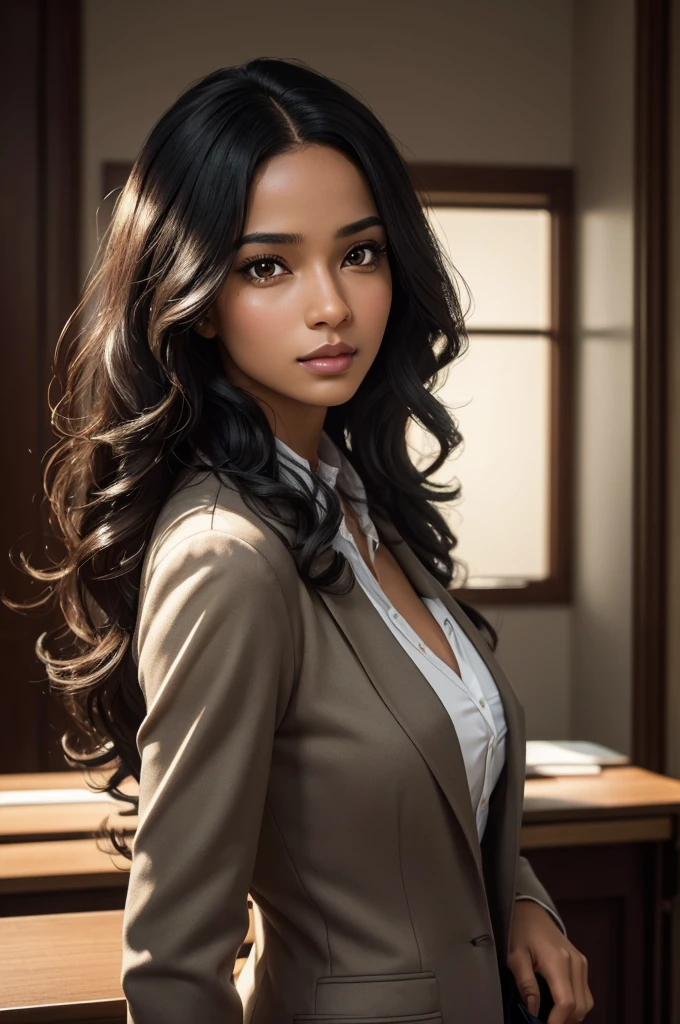 A beautiful woman at her 30's , with light black skin, medium long curly hair, wearing a chic Harvard professor outfit in a classroom, beautiful detailed eyes, beautiful detailed lips, extremely detailed face, longeyelashes, elegant figure, (best quality,4k,8k,highres,masterpiece:1.2),ultra-detailed,(realistic,photorealistic,photo-realistic:1.37),dramatic lighting,cinematic,professsional,vibrant colors,elegant,academic,university,harvard