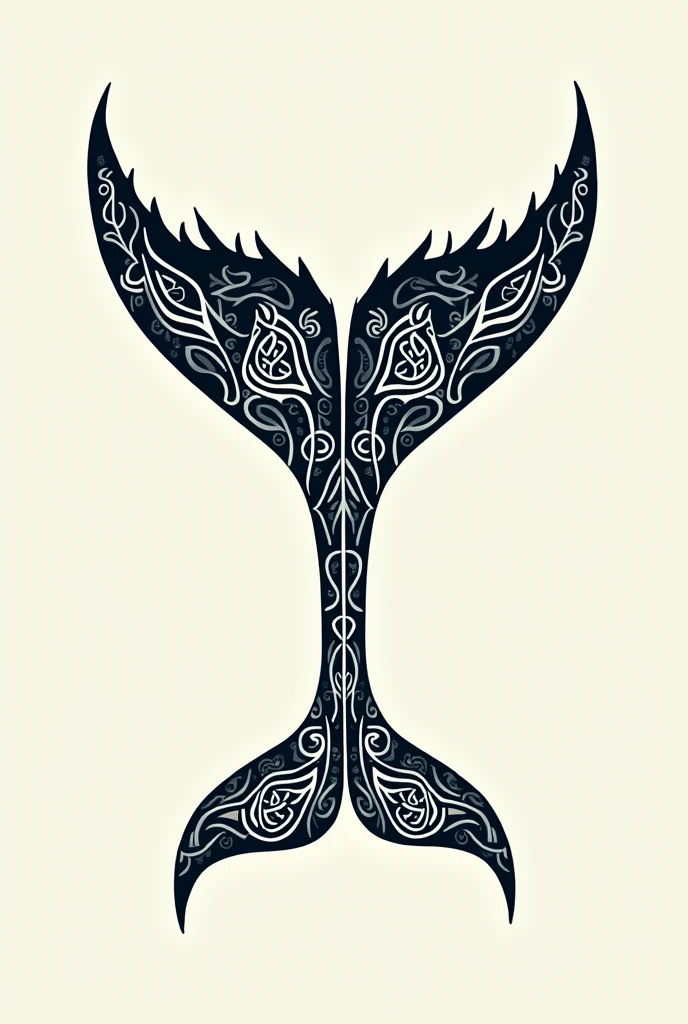 Dessin queue de baleine vu de dessus. A l'intérieur une moitié  motifs maori en aplats , l'autre moitié noeuds celtes, dessin viking, lignes claires visuel simple et lisible