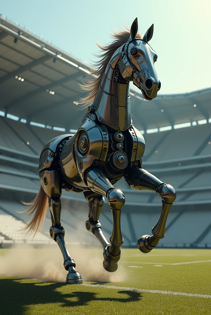 Iron Colt  (with nuts, gears and more) running in a football stadium 