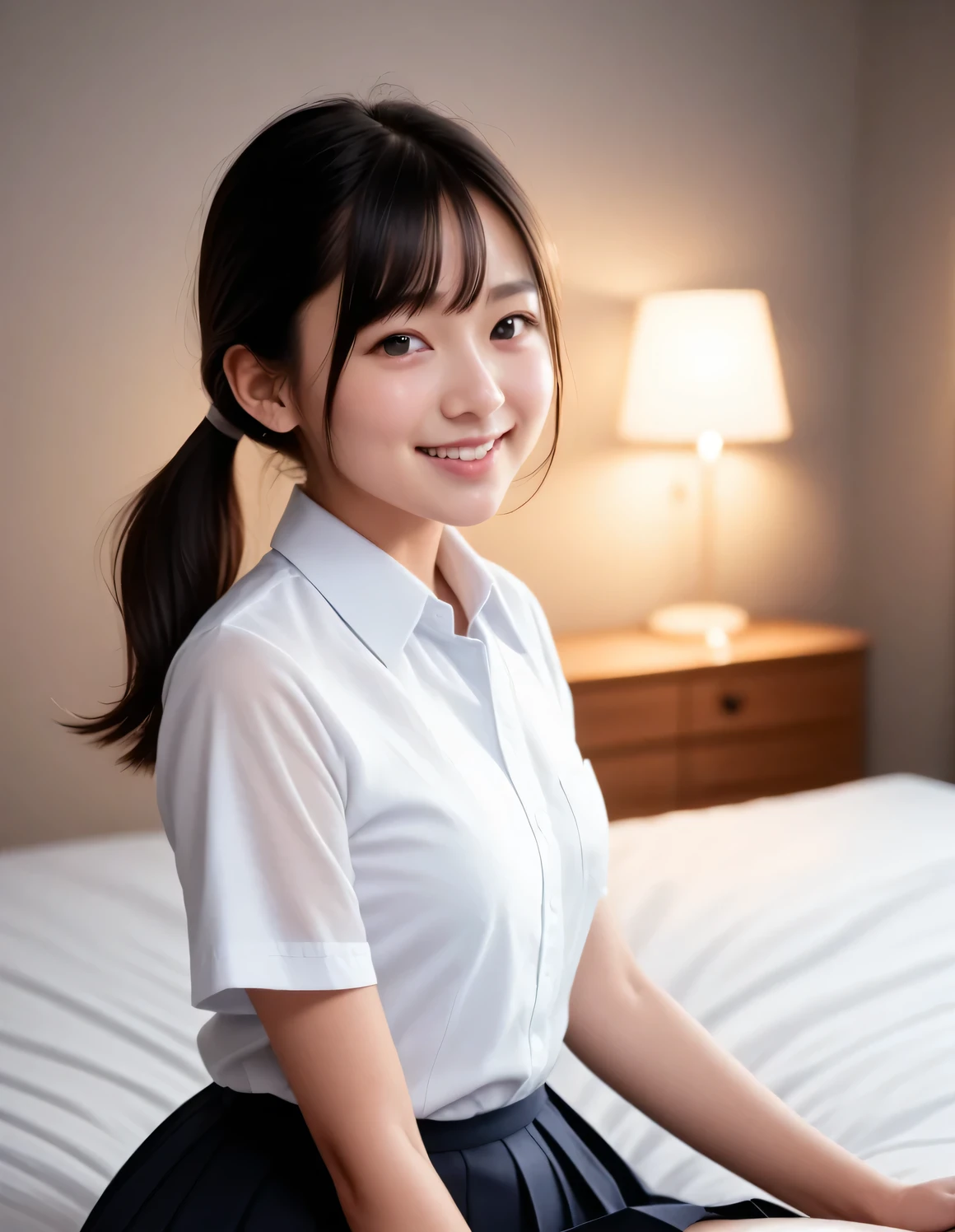 score_9, score_8_up, score_7_up,(Best quality:1.0),(masterpiece:1.0),photorealism, realistic, photorealistic, Beautiful Adscent, break, 1girl, 15y, cute face,looking at viewer, (black hair:1.1), (black eyes), low ponytail, (small breasts:1.1), beautiful Detailed (well-shaped) breasts,slender, smile,(japanese:1.2), ,short sleeves,school uniform,collared shirt, pleated skirt,,(Detailed Lighting), (Detailed background), indoors, bed, hotel bedroom,BREAK ,,super detailed skin,shiny skin,very high resolution, very aesthetic, Best sexual lighting powered by famous artist, 8k, 16k, sexual photo, photoshop_(medium),,best photo 8k konachan wallpaper, UHD Picture,uncensored,