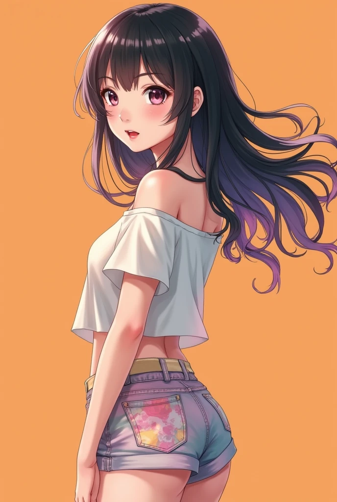((masterpiece)), ((Highest quality)), (Portrait of a beautiful girl), Eye for perfect detail, Face in perfect detail, Very elaborate nose, Open your mouth, Radom Color Shorts, Perfect Teeth, Exposing shoulders, Charm, Perfect Face, Dimples on cheeks, Depth of written boundary, High resolution, ((Realistic skin texture)), (Well-proportioned hands), Thin lips, Random color hair, Floating multicolored hair, Narrow waist, Orange pastel background、Japanese、high school student、cute