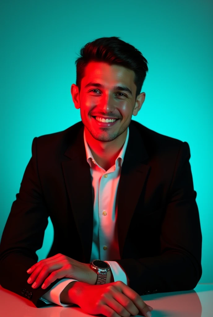 A young Man With Dark hair and a confident smile He is Dressed in a black blazer over a white shirt The man is positioned against aqua colour backdrop with a subtle red lighting on and sitting on table he is brunette