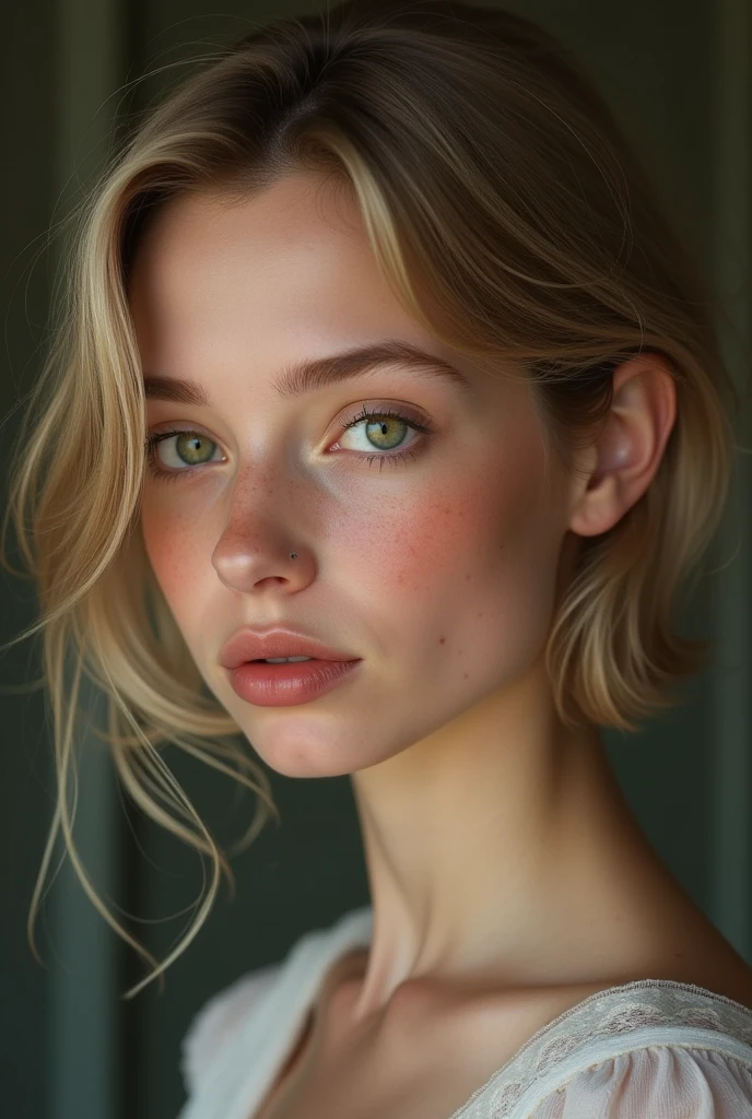 Realistic image of a fair-skinned woman, shorth hair, straight and dark blonde, big green eyes and sparks. delicate features, blushed face, some freckles, rosy lips. sexy without being vulgar.