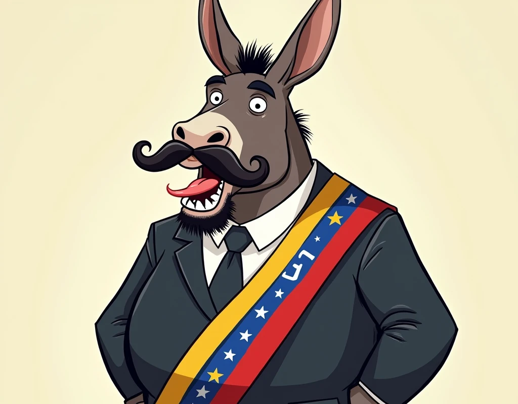 Create a cartoon image of Maduro&#39;s donkey drooling with a wide mustache and no beard, dressed in a suit with the presidential sash with three red stripes, blue and yellow in that order with 8 white stars on the blue stripe, the body must be fat.