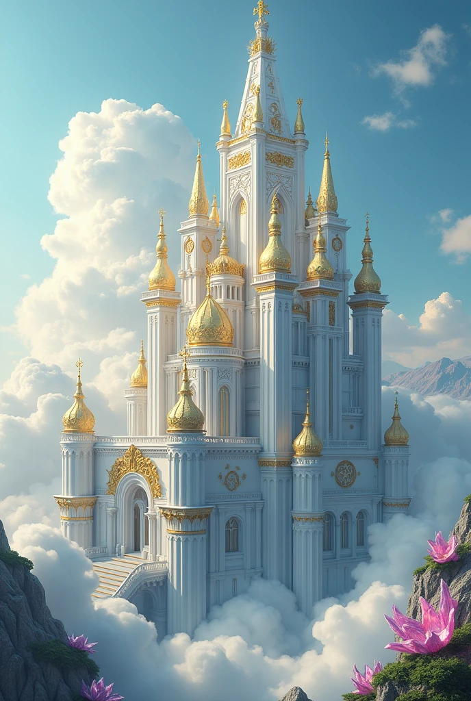make me a giant magical white castle prosper(with lots of golden parts), on top of a hill with clouds and crystals around, in an extremely detailed way 