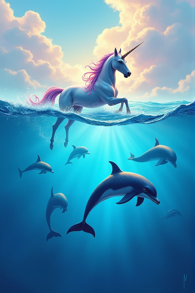 Create dolphins on a sea and a unicorn bobbing on the sea, and very colorful