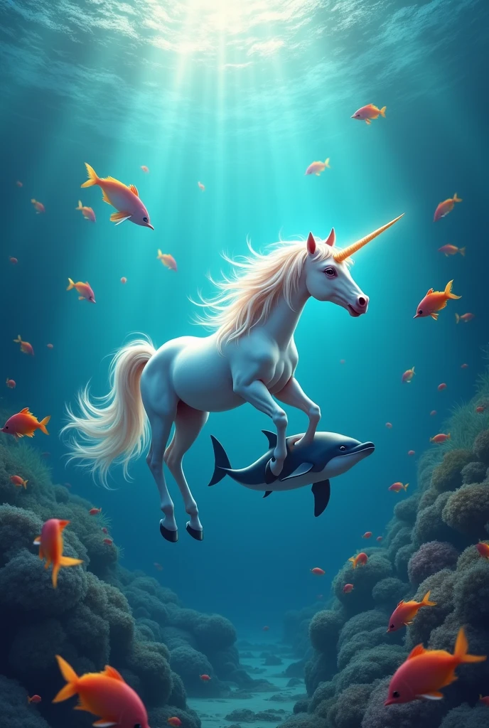 Image of an adult unicorn with a dolphin with fish in the sea