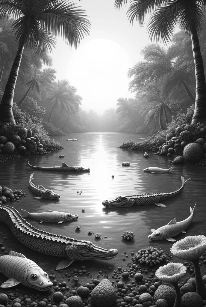 Make a drawing of a lake with carnivorous and herbivorous aquatic animals where sunlight is reflected in the lake. And there are bacteria and fungi with dead animals in black and white drawing 