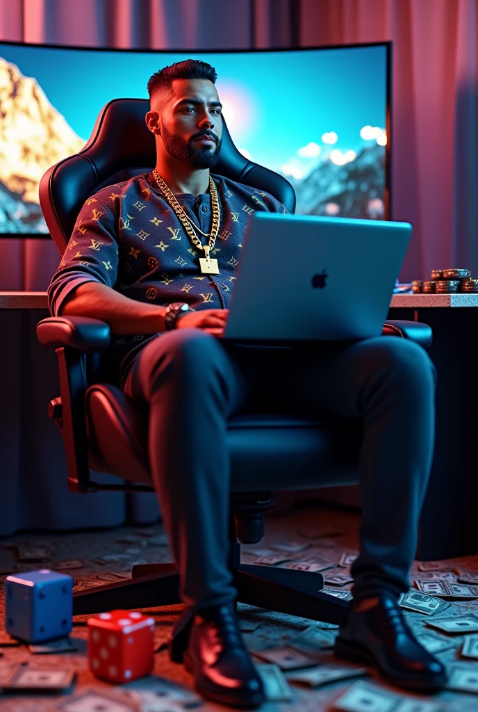 high resolution, ultra detaild), (cinematic), (ultra HD), standing alone, roupa louis vuitton ,gold chain on neck , short goatee and beard,sitting gamer chair macbook on lap, in the background a curved screen monitor,, 2 dice on the floor, one blue and one red, a lot of money, Money on the floor,de casino,