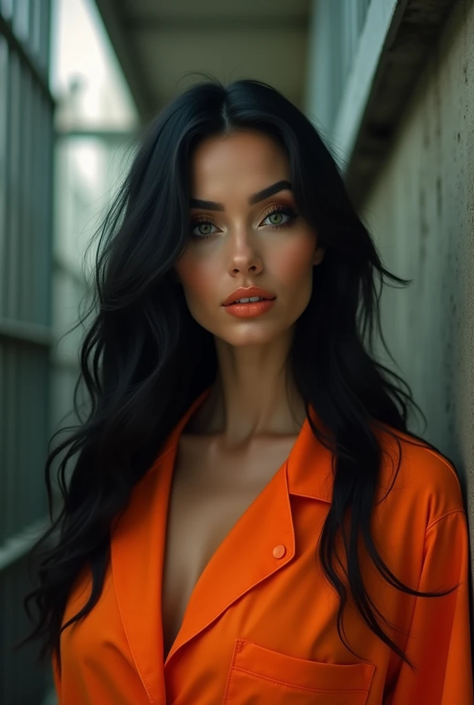 A beautiful Instagram model, (long black hair , at prison , beautiful make up , orange prison jumpsuit