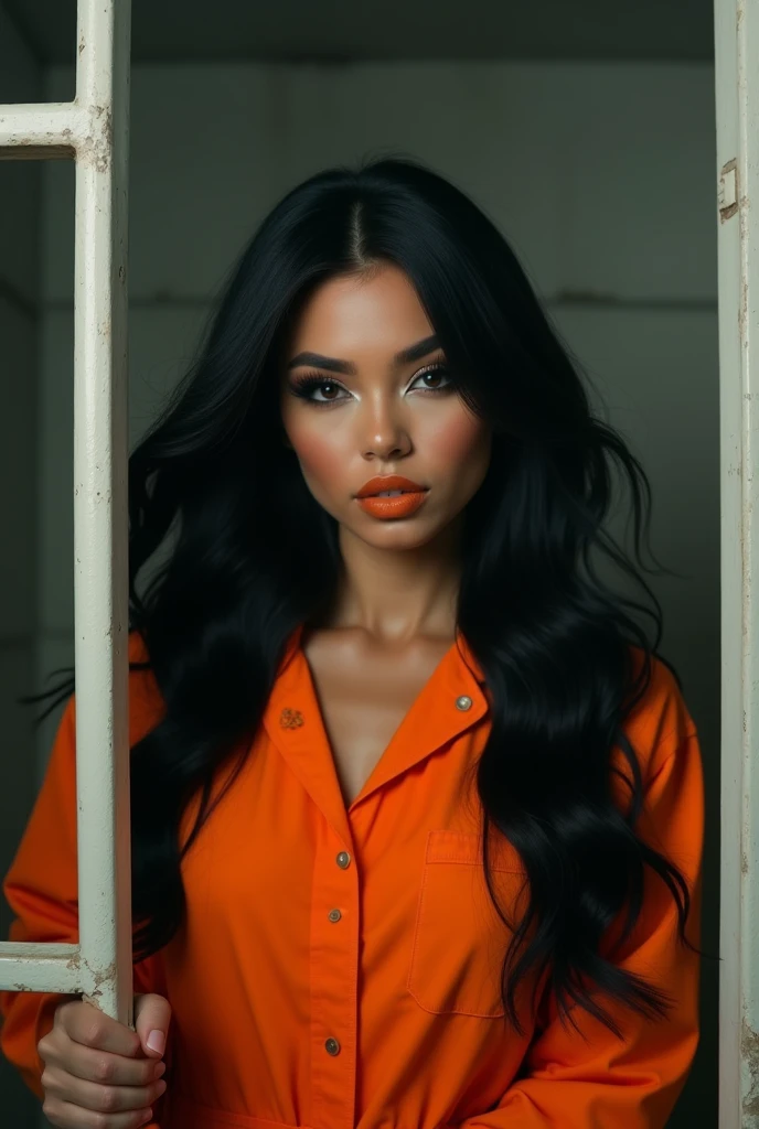 A beautiful Instagram model, (long black hair , at prison , beautiful make up , orange prison jumpsuit