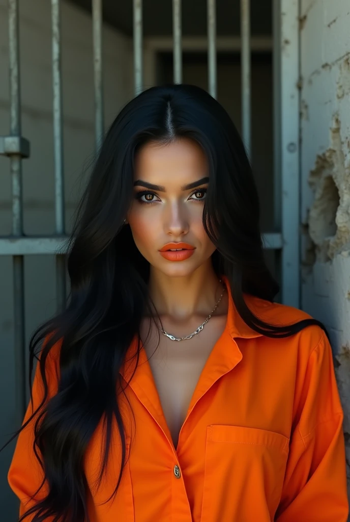 A beautiful Instagram model, (long black hair , at prison , beautiful make up , orange prison jumpsuit