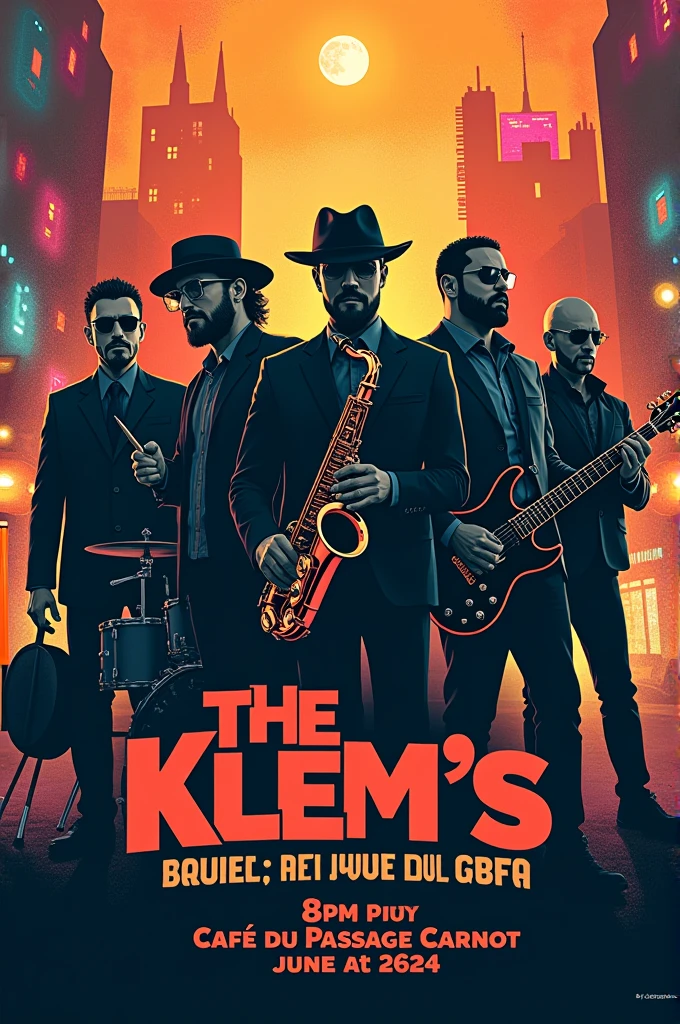 Créer une affiche moderne avec Décord ville de Pau. pour un concert avec un chanteur qui porte un chapeau, un batteur, un petit bassiste, un grand saxophone, un guitariste avec barbe, un autre guitariste chauve. dans un style rock avec faux personnages en ombres. pour le band « The Klem’s ». Avec écrit dessus : Date le 06/09/24 à 20h au café du passage Carnot à Pau.