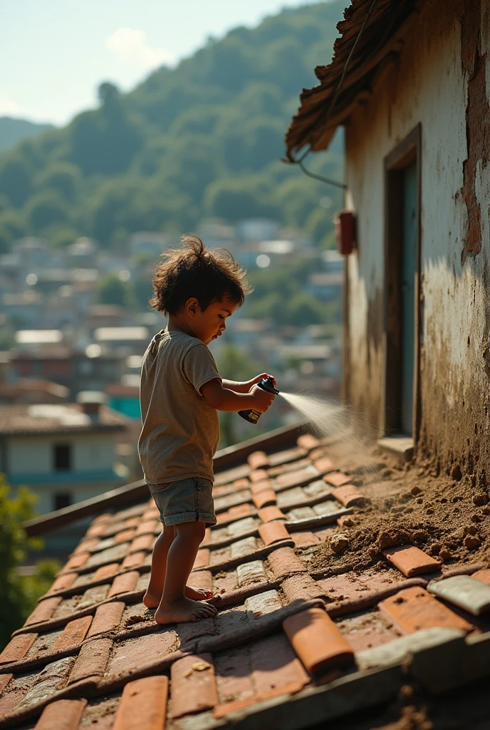 CHILD SPRAYING CAFFEINE ON THE ROOF OF A HOUSE IN A FAVELA IN RIO DE JANEIRO
