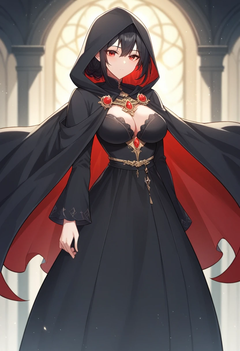 NNAssassinFSF, 1girl, solo, median breasts, black hair, red eyes, long sleeves, dress, hood, long skirt, black dress, cape, black cloak, hood up, black robe, covered mouth, hooded cloak, ((masterpiece,best quality)) city, night