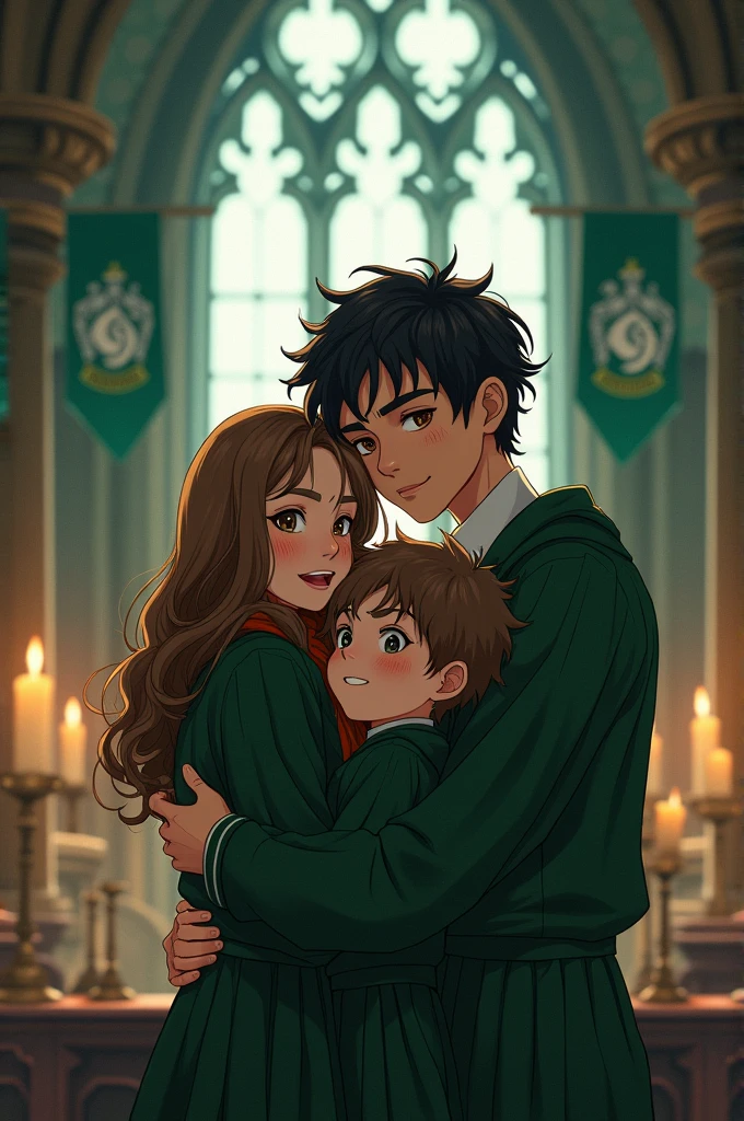 Generate me an image with a young couple + two boys + hogwarts + Harry Potter +slytherin + beautiful + Victorian era + anime art style + hug + happy + one with black curly hair + brown eyes + taller + scar across right eye. Other one shorter + brown fluffy hair + shorter + brown eyes + freckles + both Slytherin
