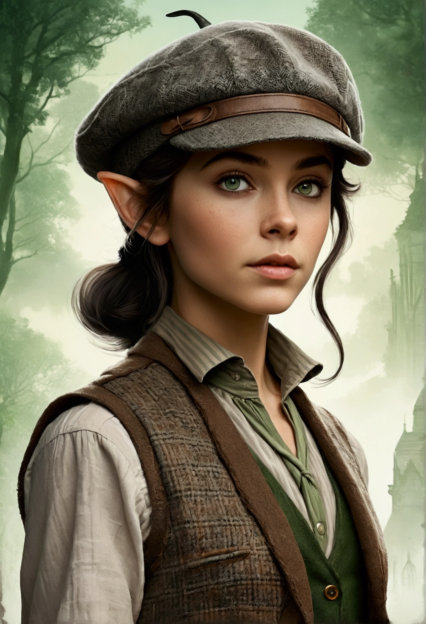 An illustrated movie poster, hand-drawn, full color, an elven maiden, wearing a tweed vest and a newsie cap, tall, toned, amazonian stature, athletic hourglass figure, long pointy elf ears, Jade eyes, dark hair, shaggy bob cut, deep sun-tanned skintone, freckles, standing on a foggy Victorian-era street corner, graphite shading, stencil marks, airbrushed acrylic paint, masterpiece, in the style of Sherlock Holmes, elf ears