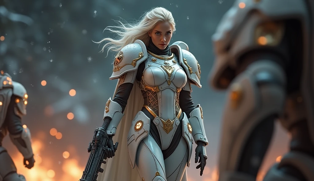 full body pose of a a beautiful woman shoting at the enemy with long platinum blonde hair, porcelain skin, ice blue eyes, sexy sisters of battle from the warhammer 40k, shooting at the enemy, rwhite space marine armor with intricate details, religous symbols on the armor, sisters of battle, warhammer 40k, Massive silicone breast, pale skin, seductive, temptation, eat your soul, clevage, , standing in a magical winter wonderland with snow-covered trees and frozen lakes, intricate ice crystals and snowflakes surrounding her, (best quality,4k,8k,highres,masterpiece:1.2),ultra-detailed,(realistic,photorealistic,photo-realistic:1.37),fantasy,digital art,cinematic lighting, highly detailed armor, intricate futuristic weaponry, gritty and realistic, mecha, science fiction, hyper-detailed, photorealistic, award winning digital art, 8k, HDR, masters work, in the middle of a battle field, full body combat action pose, explosions and fire around, full war, stunning, Stilleto heels, high heels, full body pose, cinematic, dust and debree, combat screams, attacking, shooting at the enemy, sisters of battle, warhammer 40kdramatic color palette,frozen landscape,ice powers,snow queen