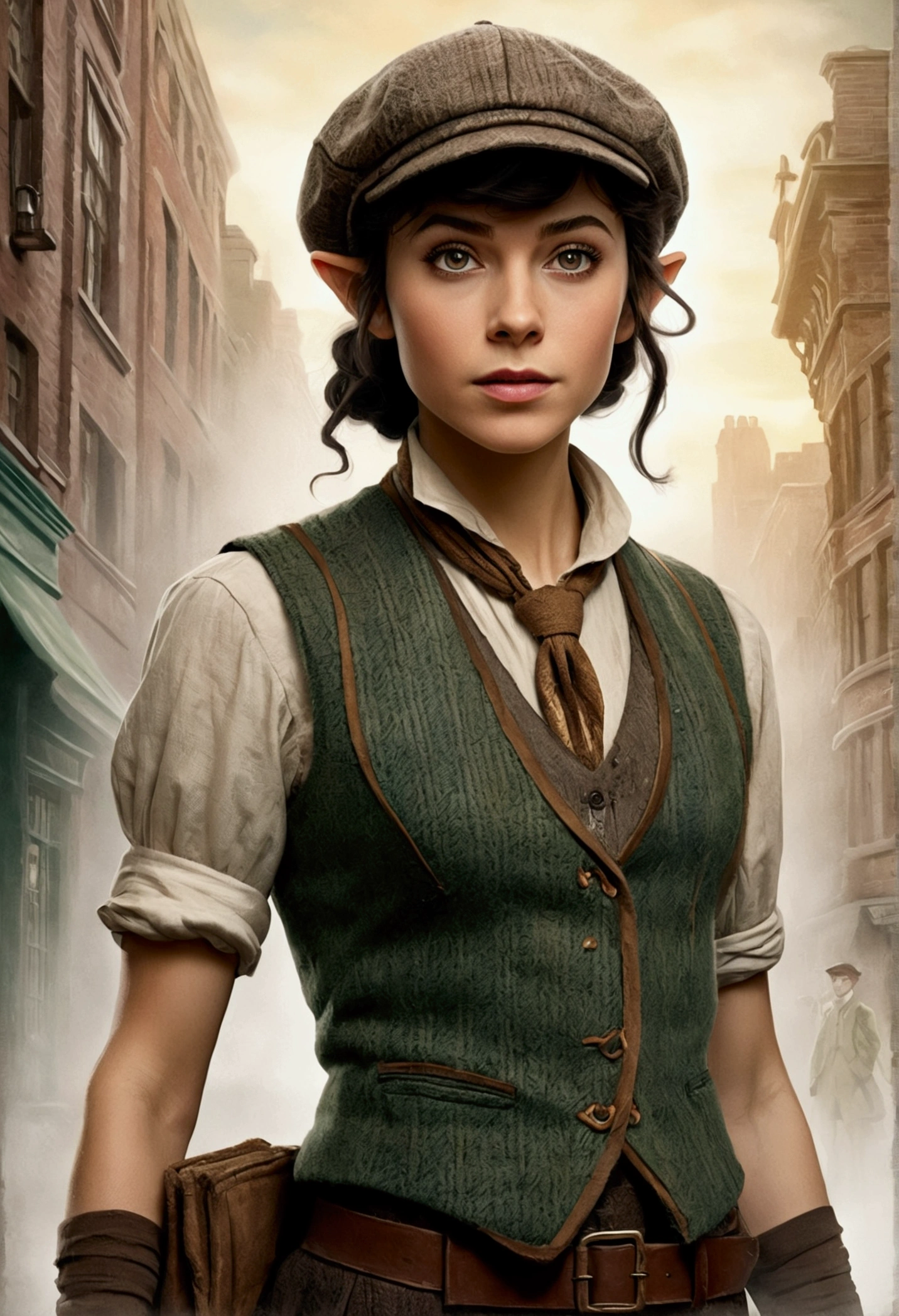 An illustrated movie poster, hand-drawn, full color, an elven maiden, wearing a tweed vest and a newsie cap, tall, toned, amazonian stature, athletic hourglass figure, long pointy elf ears, Jade eyes, dark hair, shaggy bob cut, deep sun-tanned skintone, freckles, standing on a foggy Victorian-era street corner, graphite shading, stencil marks, airbrushed acrylic paint, masterpiece, in the style of Sherlock Holmes, elf ears
