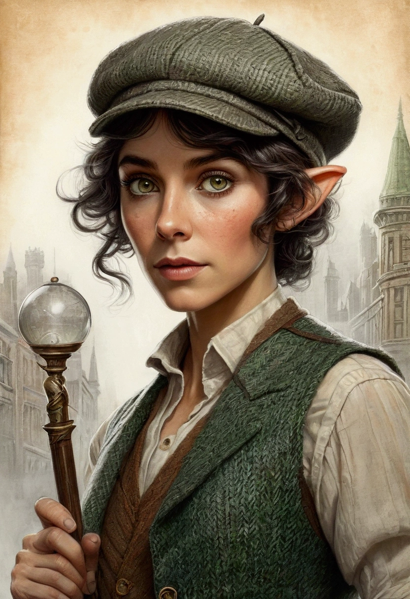 An illustrated movie poster, hand-drawn, full color, an elven maiden, wearing a tweed vest and a newsie cap, tall, toned, amazonian stature, athletic hourglass figure, long pointy elf ears, Jade eyes, dark hair, shaggy bob cut, deep sun-tanned skintone, freckles, standing on a foggy Victorian-era street corner, graphite shading, stencil marks, airbrushed acrylic paint, masterpiece, in the style of Sherlock Holmes, elf ears