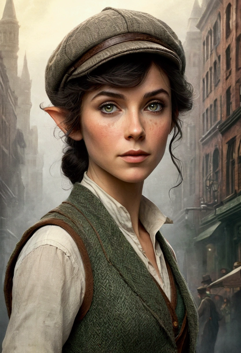 An illustrated movie poster, hand-drawn, full color, an elven maiden, wearing a tweed vest and a newsie cap, tall, toned, amazonian stature, athletic hourglass figure, long pointy elf ears, Jade eyes, dark hair, shaggy bob cut, deep sun-tanned skintone, freckles, standing on a foggy Victorian-era street corner, graphite shading, stencil marks, airbrushed acrylic paint, masterpiece, in the style of Sherlock Holmes, elf ears