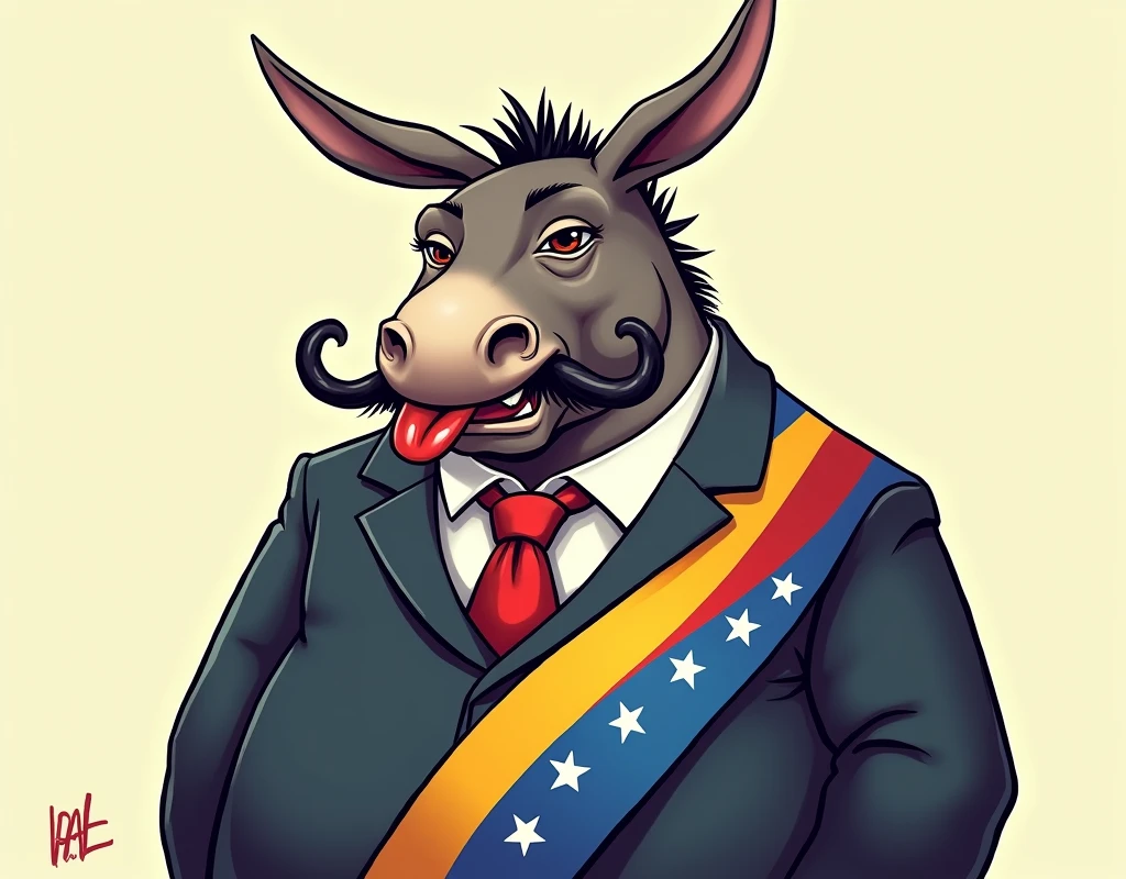 Create a cartoon image of Maduro's donkey drooling with a wide mustache and no beard, dressed in a suit with the presidential sash with three red stripes, blue and yellow in that order with 8 white stars on the blue stripe, the body must be fat.