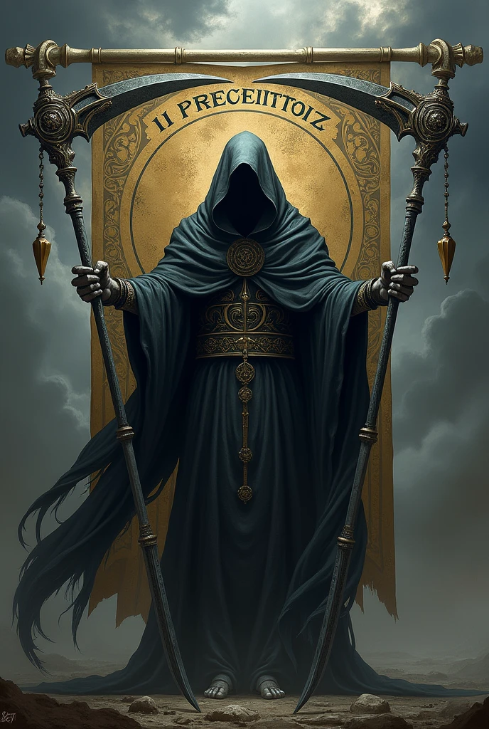 Make a realistic guild banner full of details with two death scythes with death holding them like overlord written with the name 11 Preceitoz