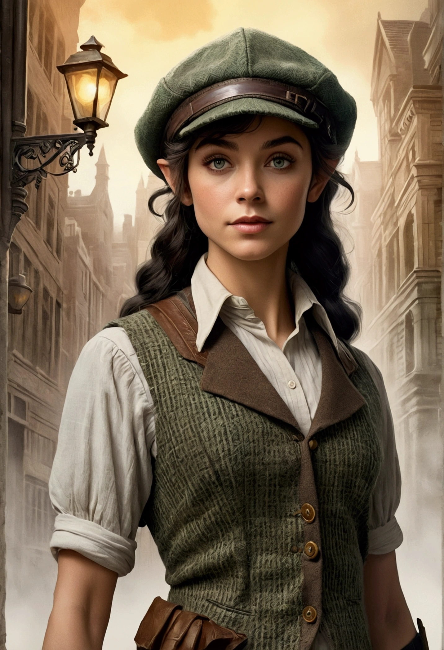 An illustrated movie poster, hand-drawn, full color, an elven maiden, wearing a tweed vest and a newsie cap, tall, toned, amazonian stature, athletic hourglass figure, long pointy elf ears, Jade eyes, dark hair, shaggy bob cut, deep sun-tanned skintone, freckles, standing on a foggy Victorian-era street corner, graphite shading, stencil marks, airbrushed acrylic paint, masterpiece, in the style of Sherlock Holmes, elf ears