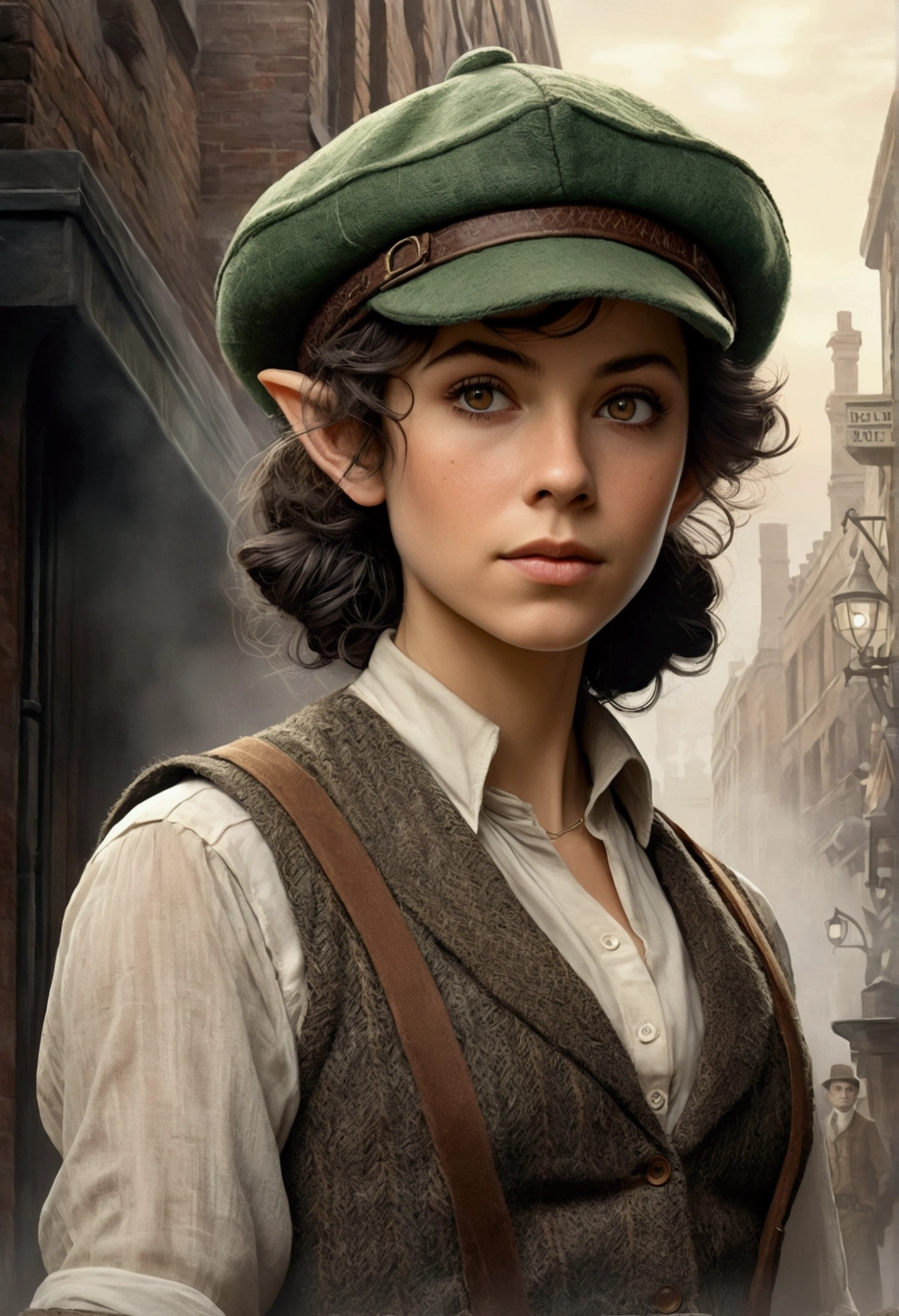 An illustrated movie poster, hand-drawn, full color, an elven maiden, wearing a tweed vest and a newsie cap, tall, toned, amazonian stature, athletic hourglass figure, long pointy elf ears, Jade eyes, dark hair, shaggy bob cut, deep sun-tanned skintone, freckles, standing on a foggy Victorian-era street corner, graphite shading, stencil marks, airbrushed acrylic paint, masterpiece, in the style of Sherlock Holmes, elf ears