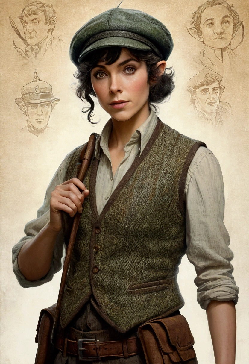 An illustrated movie poster, hand-drawn, full color, an elven maiden, wearing a tweed vest and a newsie cap, tall, toned, amazonian stature, athletic hourglass figure, long pointy elf ears, Jade eyes, dark hair, shaggy bob cut, deep sun-tanned skintone, freckles, standing on a foggy Victorian-era street corner, graphite shading, stencil marks, airbrushed acrylic paint, masterpiece, in the style of Sherlock Holmes, elf ears