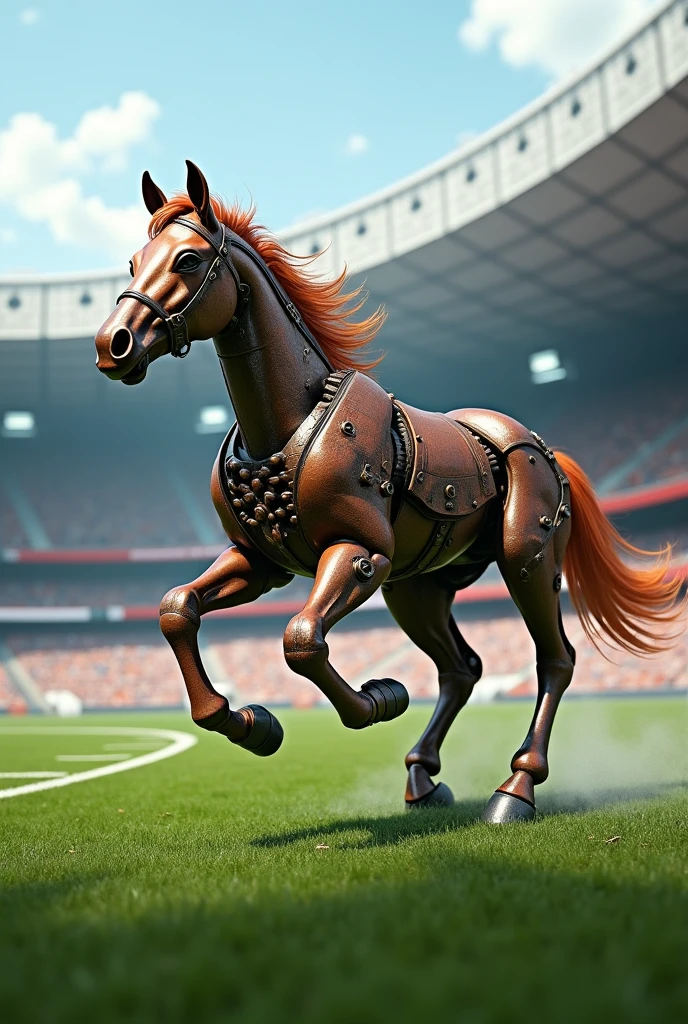 A little rusty iron colt (with nuts, gears and more) running in a football stadium