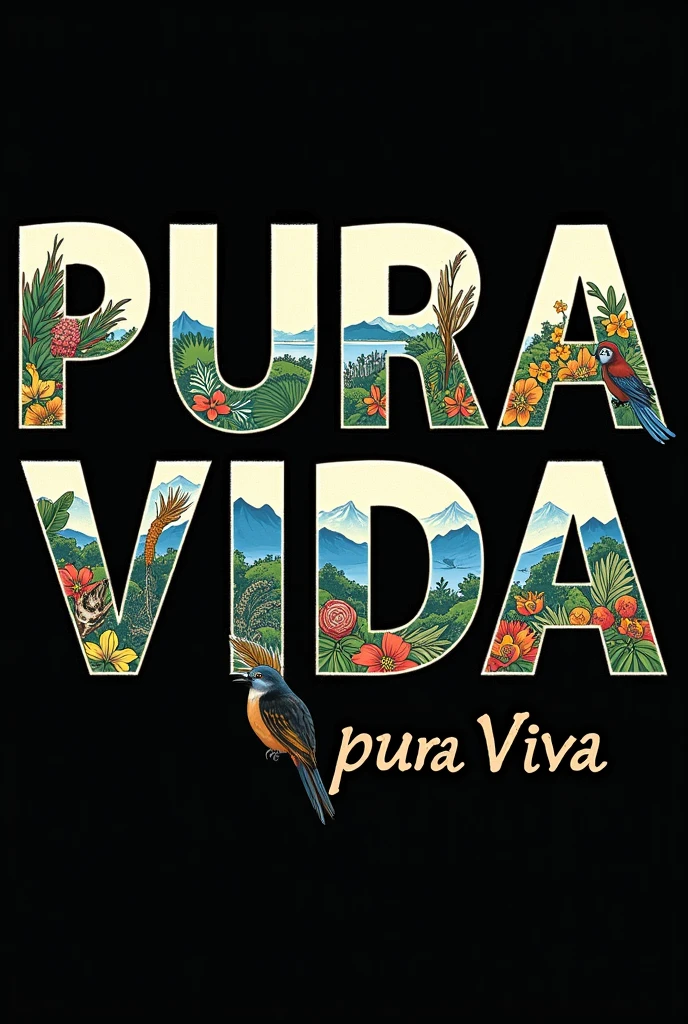 Image to print a shirt that says PURA VIDA but the background of the letter is representative animals of Costa Rica and below in a thinner and smaller letter that says Costa Rica( Landscapes and animals must be within the letters that say pure life, They cannot protrude or go beyond the edges of the letters and they have to be real.)
And I need the background of the image to be black, real animals and the bushes not to protrude from the letters