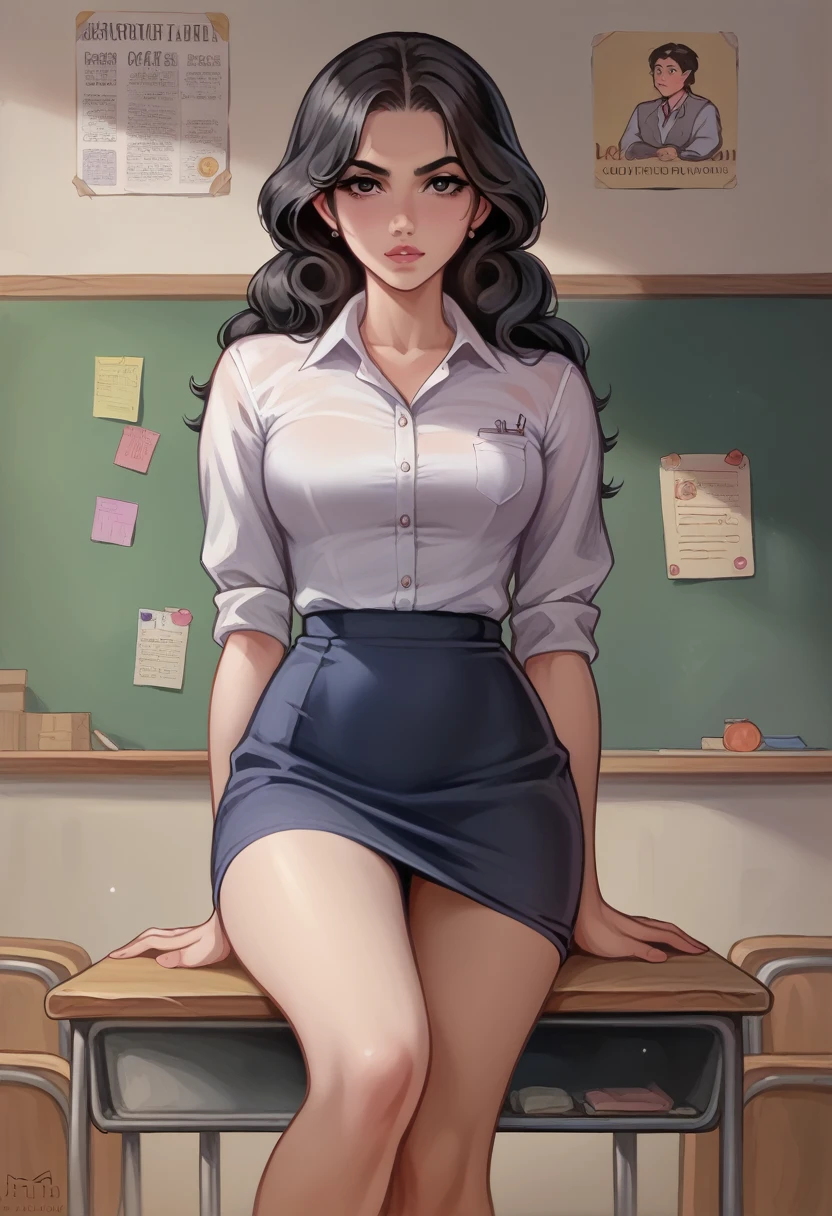 "A young, confident female teacher with shoulder-length straight black hair, wearing a sleek black blouse paired with a knee-length pencil skirt, is standing in front of a classroom. She has a professional and composed expression as she looks directly at the camera, her posture upright and authoritative. Her arms are relaxed at her sides, and she exudes an air of competence and calm control. The classroom behind her is neatly arranged with wooden desks, a large chalkboard, and educational posters on the walls, reflecting a disciplined and focused learning environment." visual novel character