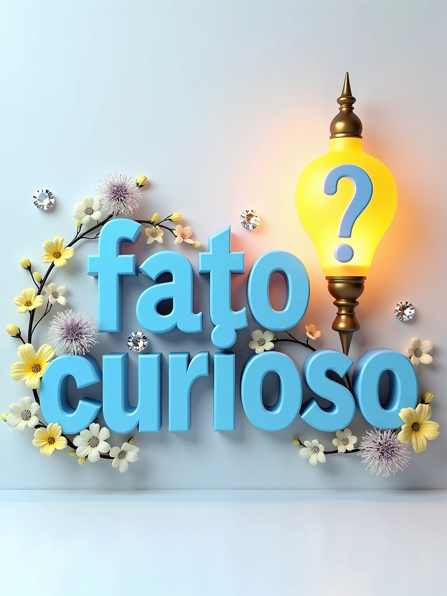 A 3D rendering of the text "Fato Curioso" in comfortable blue letters. The text is adorned with graceful flowers, a lamp in yellow color, with question mark, blue color, inside the lamp, a pinch of fine diamonds. The warm, golden light emanating from the lamp and diamonds add an aura of refinement and grandeur. The centerpiece is placed against a pristine white background.