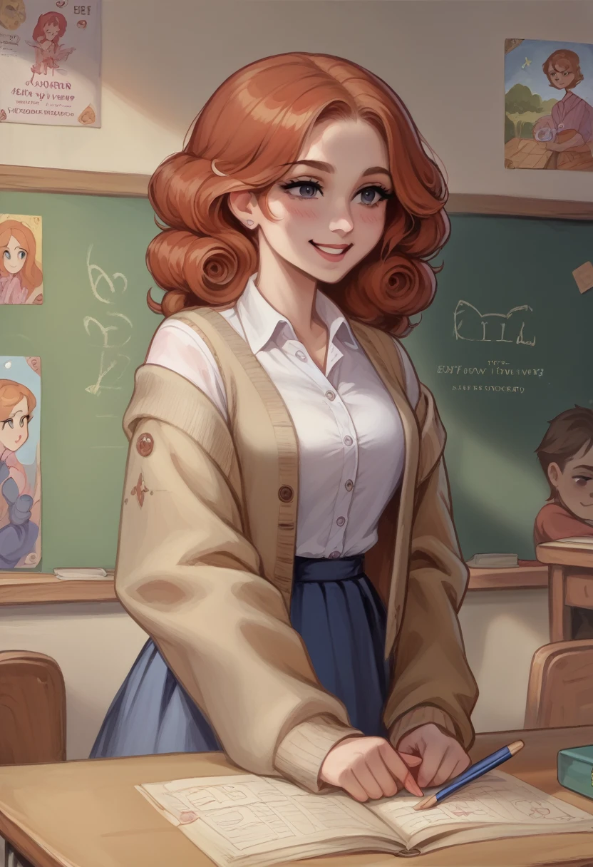 "A warm and approachable female teacher in her early thirties with curly, shoulder-length auburn hair, wearing a soft beige cardigan over a light blue blouse and a flowing midi skirt. She stands in front of a classroom with a kind and encouraging smile, looking directly at the camera. Her posture is relaxed yet attentive, with one hand resting on a stack of books on her desk and the other holding a piece of chalk. The classroom behind her is cozy and inviting, with colorful posters, a chalkboard filled with notes, and sunlight streaming in through large windows, creating a welcoming and nurturing atmosphere." visual novel character