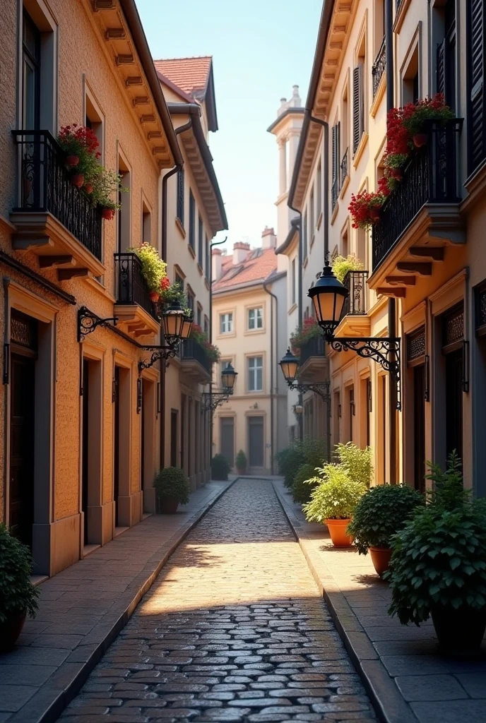 Narrow cobblestone street wet from rain next to tall old houses in front of flower pots with black floor lamps on a sunny day in Europe 3D