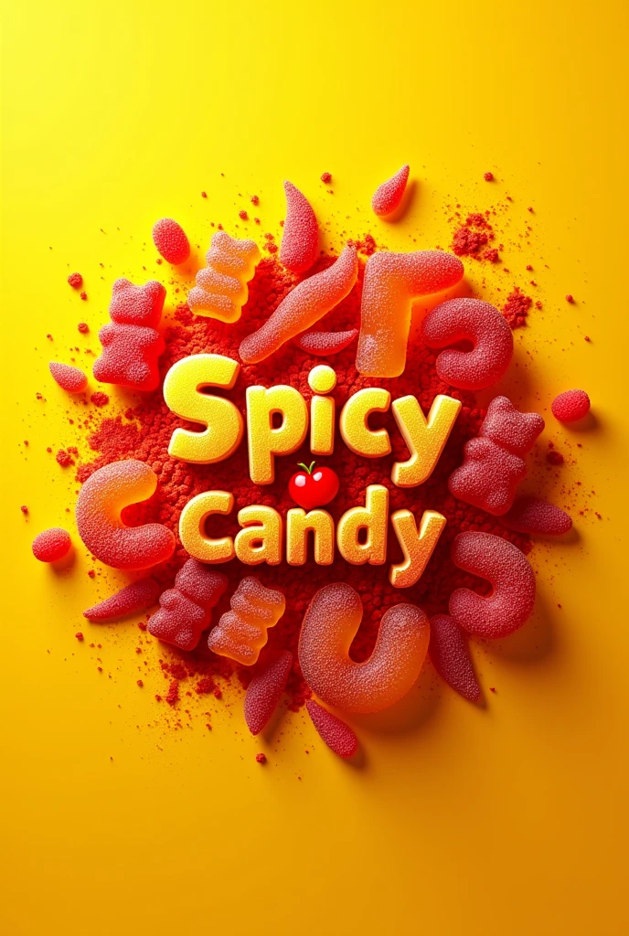 A fun and vibrant logo design for a spicy candy brand, featuring gummy candies covered in chili powder. The logo should include colorful gummy shapes like bears, worms, and rings, all with a dusting of red chili powder. The background is bright and festive with splashes of yellow and orange, evoking a sense of heat and spice. The brand name is written in bold, playful lettering with a fiery effect, emphasizing the spicy flavor of the candies. The overall design is energetic and eye-catching, appealing to a youthful audience.