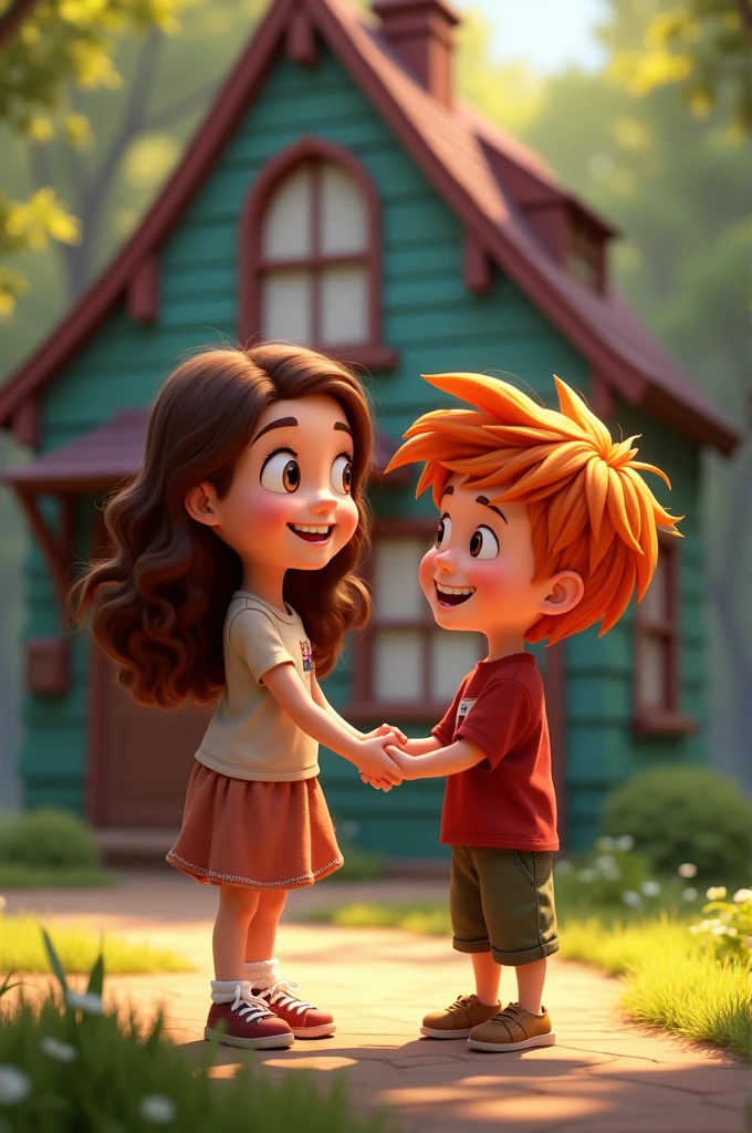 girl with brown layered hair is happily holding hand of red haired boy with a smile on his face. they are standing next to the “Gravity fall” house
