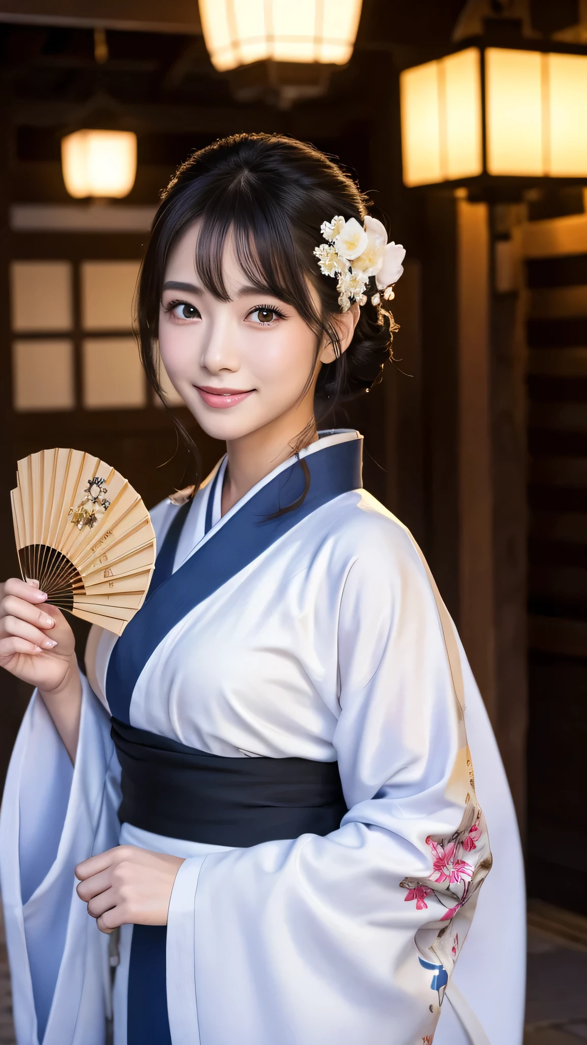 (Super beautiful woman in kimono)、((highest quality、8K masterpiece:1.3))、sharp focus:1.2、(super beautiful face:1.0)、(shiny skin:1.0)、realistic pictures、black hair、video lighting、High resolution eyes and face、video lighting、japanese actress、from the front、with a happy smile、whole body、wearing a kimono、in Kyoto、(luxury obi)、with a fan、Fireworks Display