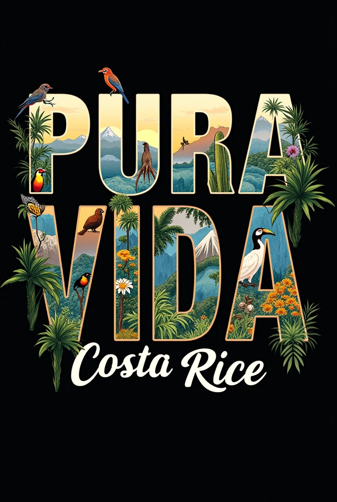 Image to print a shirt that says PURA VIDA but the background of the letter is representative animals of Costa Rica and below in a thinner and smaller letter that says Costa Rica( Landscapes and animals must be within the letters that say pure life, They cannot protrude or go beyond the edges of the letters and they have to be real.)
And I need the background of the image to be black, real animals and the bushes not to protrude from the letters