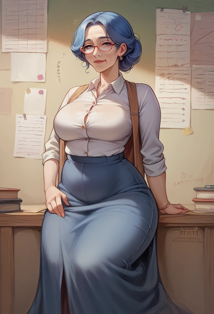 girl, old age, blue hair, long skirt visual novel character, teacher, fat