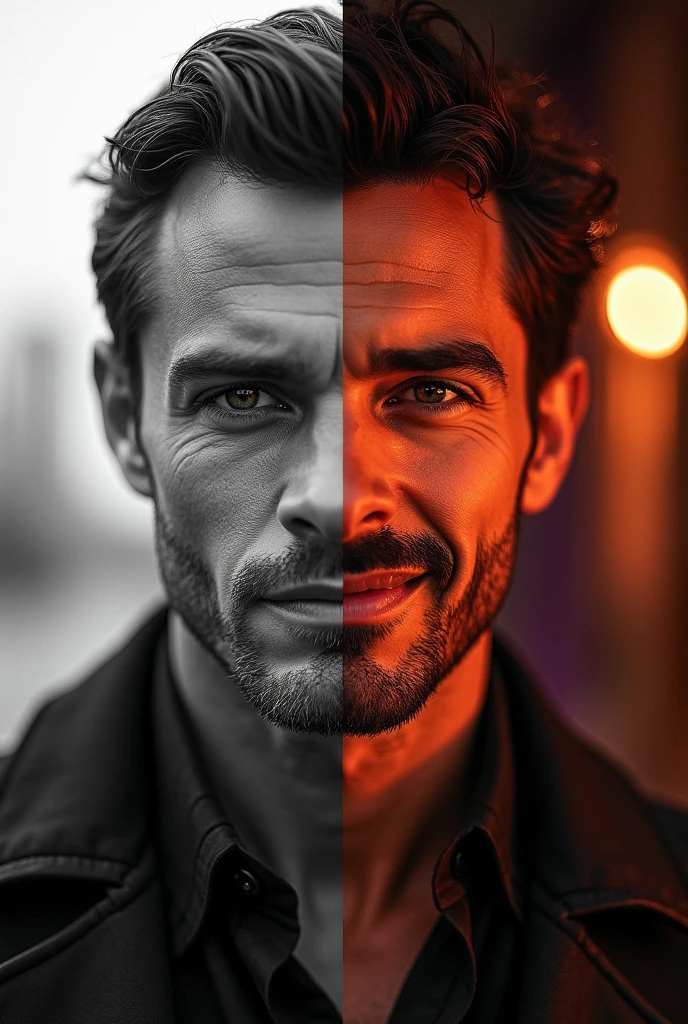 a split design cover with two contrasting images.
Left side is a faded grayscale photo of a handsome billionaire standing alone and on the right side is a vibrant color of him smiling
Genre: urban/realistic, rebirth, romance