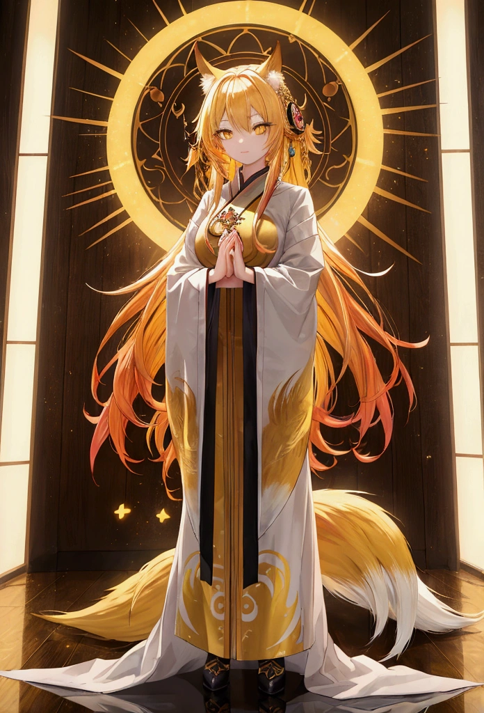 masterpiece, best quality, Anime ,HDR , a Golden Nine tailed Fox Woman Standing and Praying with bright yellow Star eyes Surround by light:1.2) Multi Colored Hair