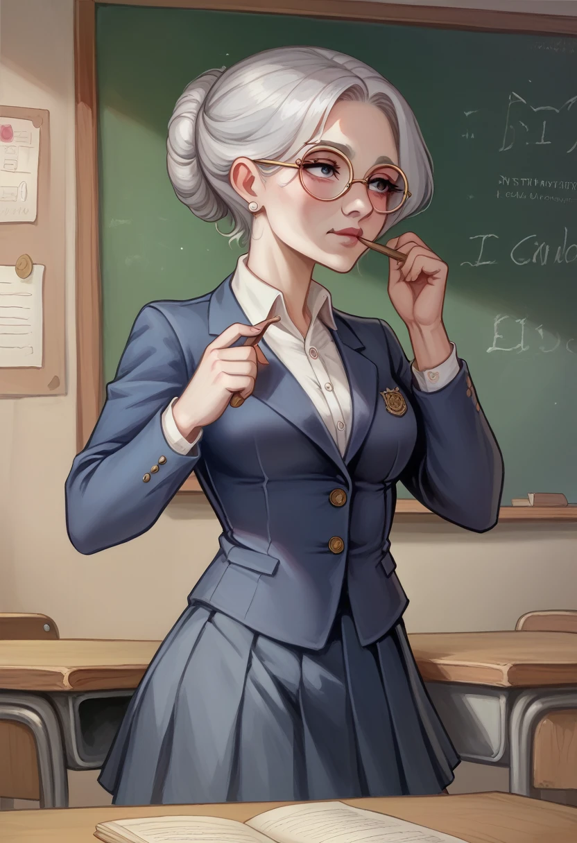 "An elderly female teacher with short, silver hair styled neatly, wearing a classic navy-blue blazer over a white blouse and a long, pleated skirt. She stands in front of a traditional classroom with a wise and calm expression, looking directly at the camera. Her posture is dignified and composed, with one hand resting gently on a wooden cane and the other holding a pair of reading glasses. The classroom behind her has an old-fashioned charm, with wooden desks, a chalkboard filled with handwritten notes, and shelves lined with well-worn books, reflecting her years of experience and deep knowledge." visual novel character